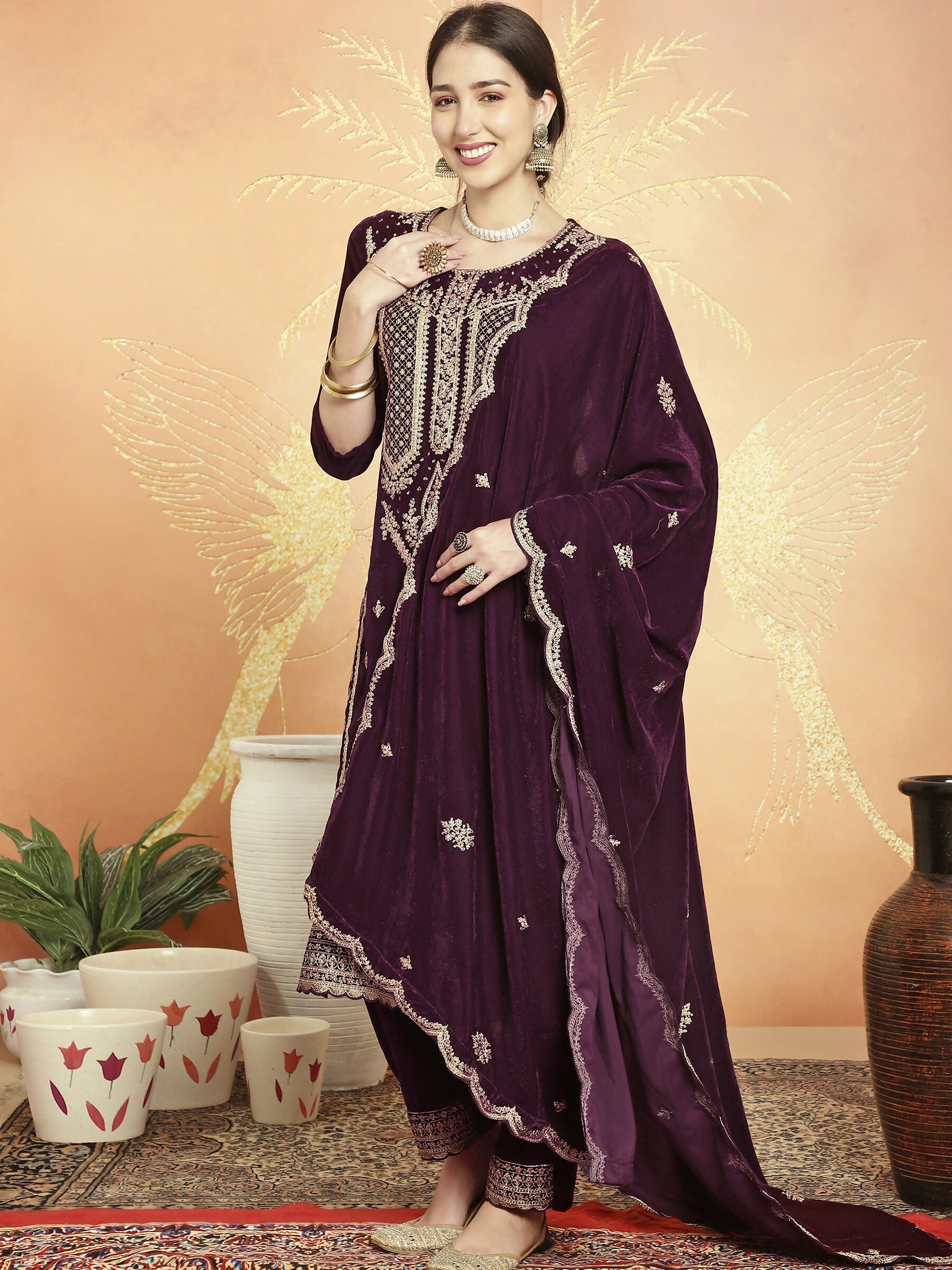 Jyoti Fashion Women's Wine Velvet Cording with Resham Thread & Sequin Kurta with Trouser & Dupatta | Swadesiicart