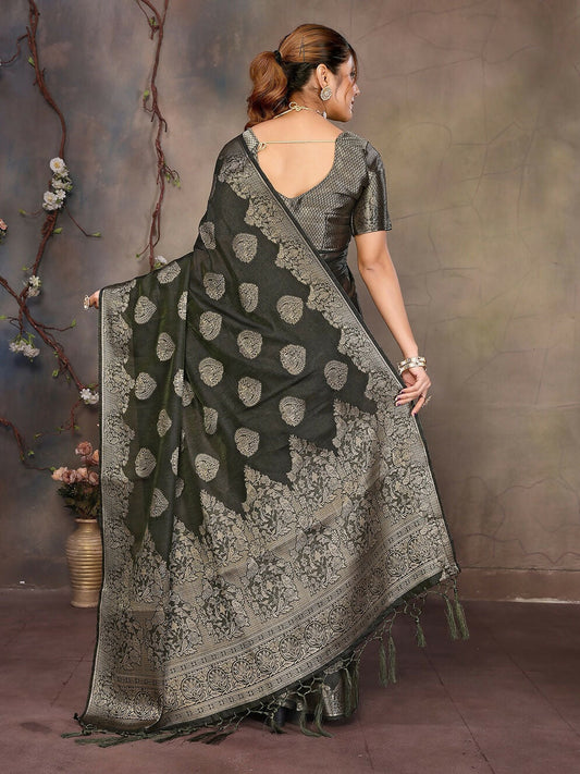 Joban Fashion Dark Green Woven Jacquard Banarasi Silk Sarees | Swadesiicart