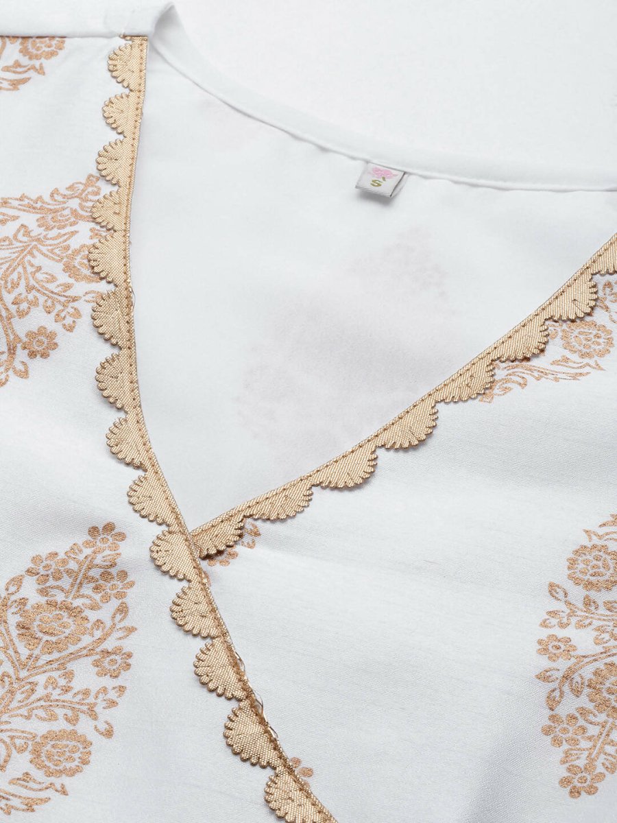 Ahalyaa Women White & Golden Ethnic Printed Tunic | Swadesiicart