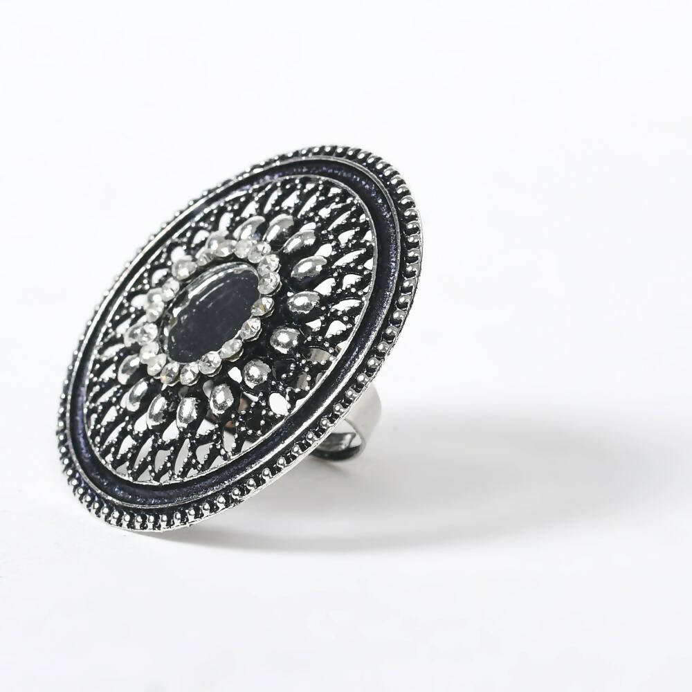 Mominos Fashion Joharkamal Oxidised Silver-Toned Adjustable Finger Ring - Swadesiicart