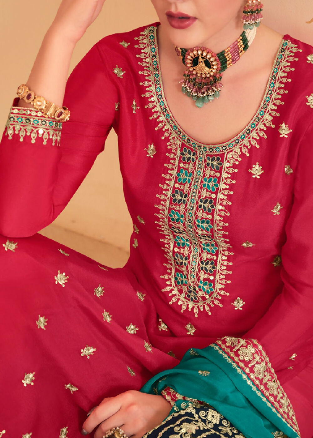 Dazzling Red Embroidered Chinnon Palazzo Salwar Kurta - Emponline | Swadesiicart