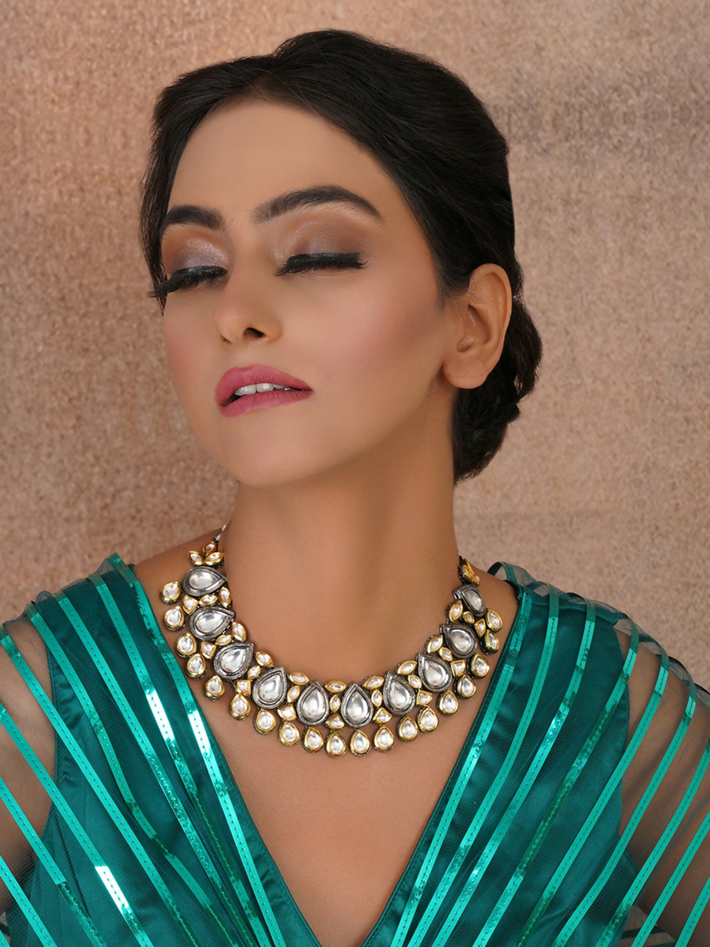 Dual Tone Kundan Neckpiece (silver) - Ruby Raang | Swadesiicart