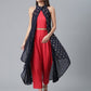 Ahalyaa Women Red Crepe Solid kurta Pant with Printed Jacket | Swadesiicart