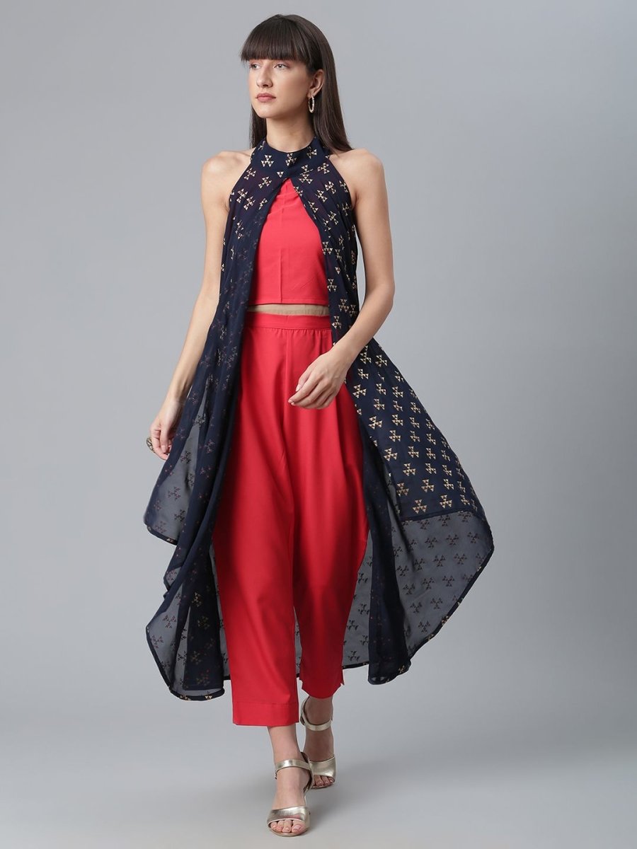 Ahalyaa Women Red Crepe Solid kurta Pant with Printed Jacket | Swadesiicart