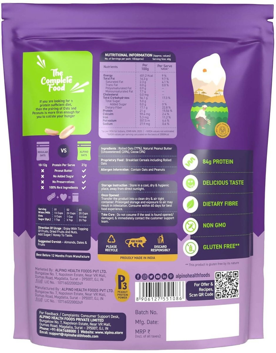 Alpino High Protein Super Rolled Oats Chocolate - Swadesiicart