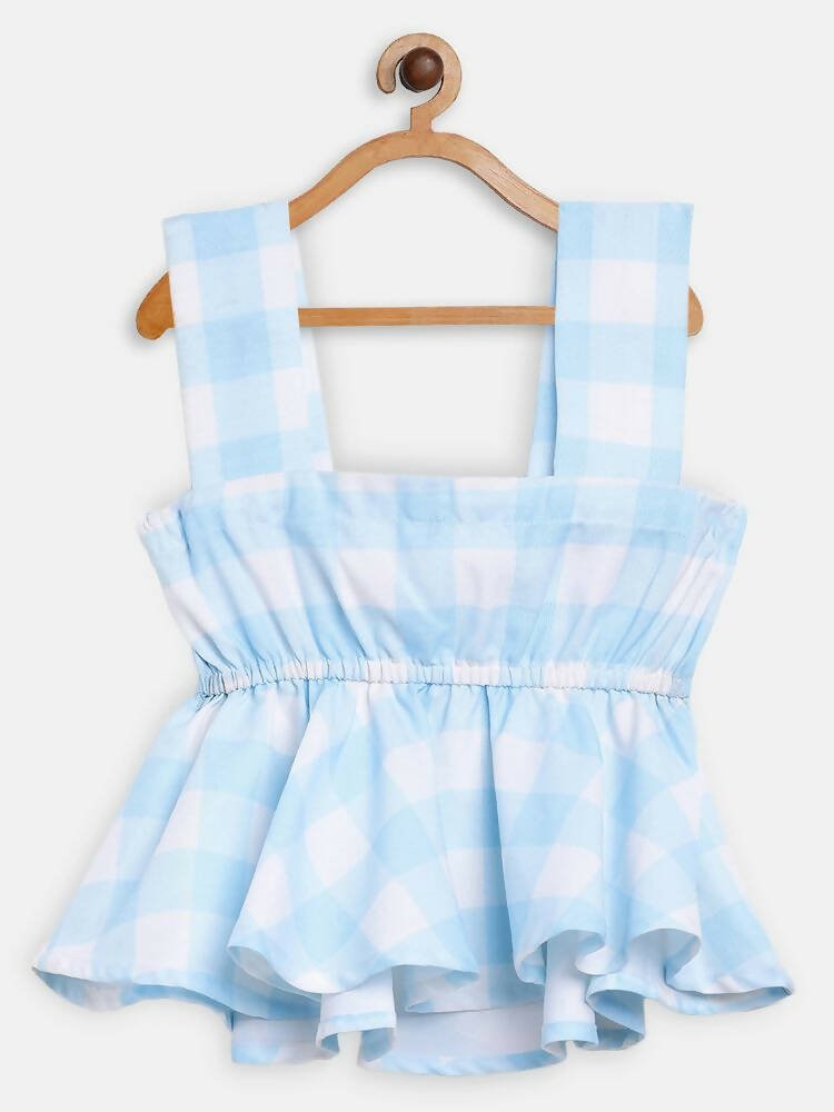 Ahalyaa Sky Blue Rayon Checked Kids Top With Skirts For Girls | Swadesiicart
