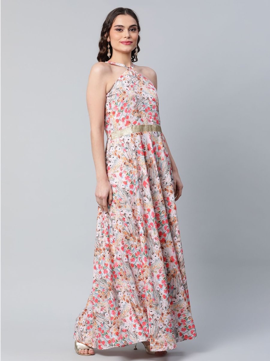 Ahalyaa Women Crepe Printed Classic White Romantic Florals Dress | Swadesiicart