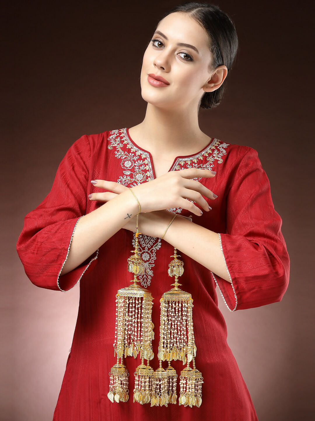 NVR Women's Pack Of 2 Gold-Polished & White Pearl Beaded Bridal Heavy Kaleera Sets - Swadesiicart