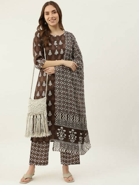 FIORRA Women's Brown Cotton Straight Kurta Pant With Dupatta - Swadesiicart