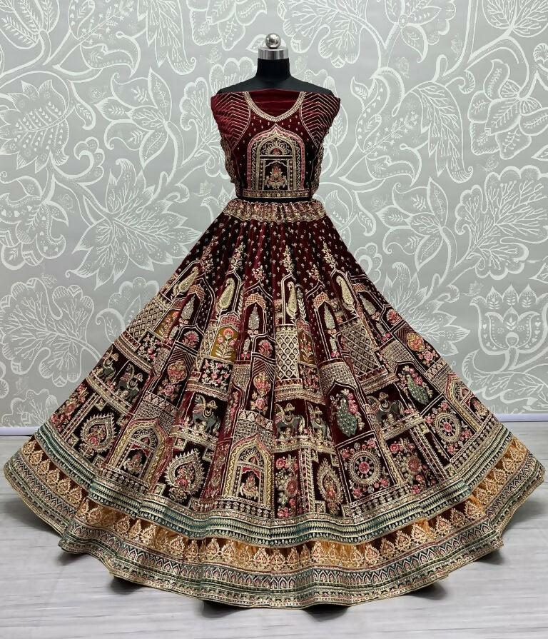 Jyoti Fashion Women's Maroon Velvet Fancy Dori & Sequins with Multi Thread Embroidered with Diamond Work Wedding Lehenga Choli | Swadesiicart