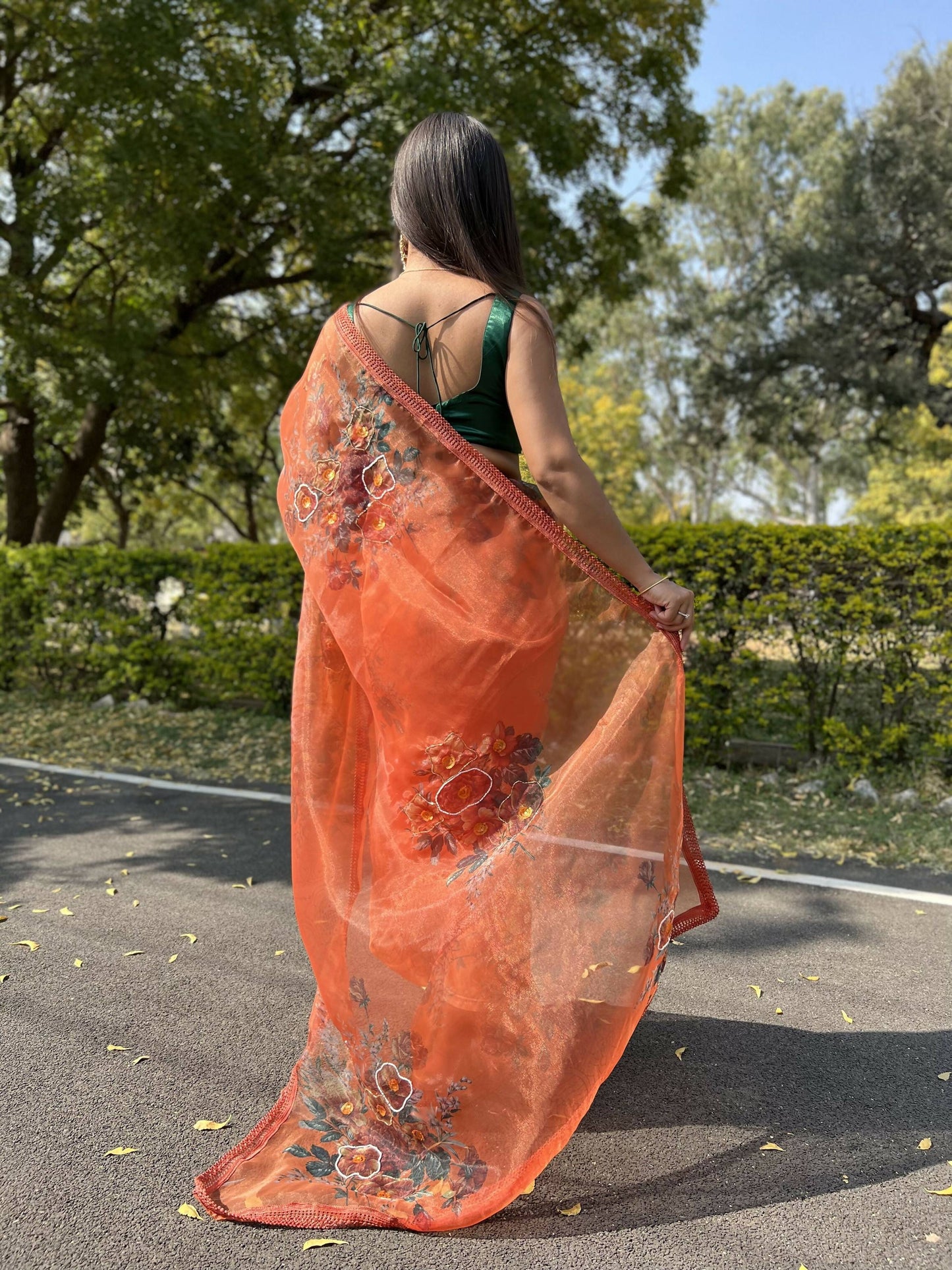 Vamsee Firozi Orange Organza Saree - Swadesiicart