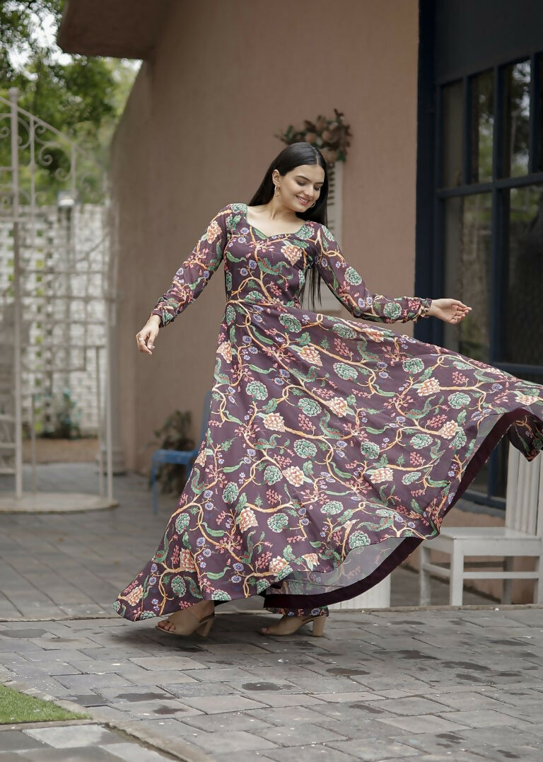 Jyoti Fashion Women's Coffee Faux Georgette Floral Digital Printed Anarkali Dress with Dupatta | Swadesiicart
