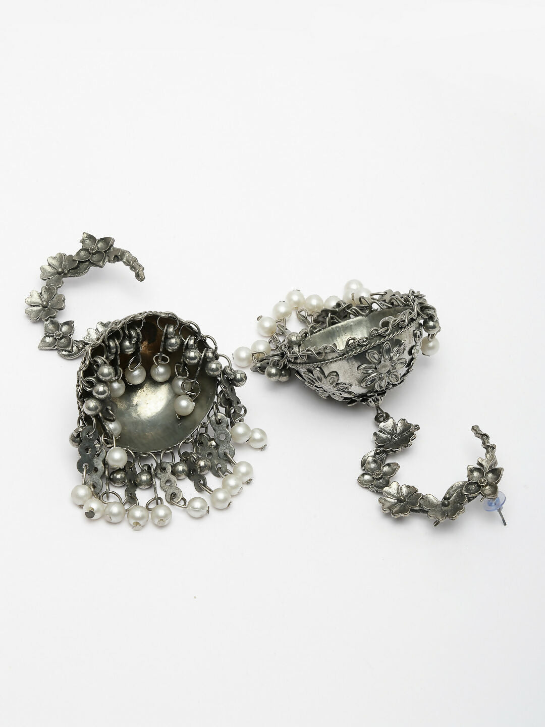 NVR Women's Silver Plated Pearl Beaded Oxidised Contemporary Jhumka Earrings | Swadesiicart