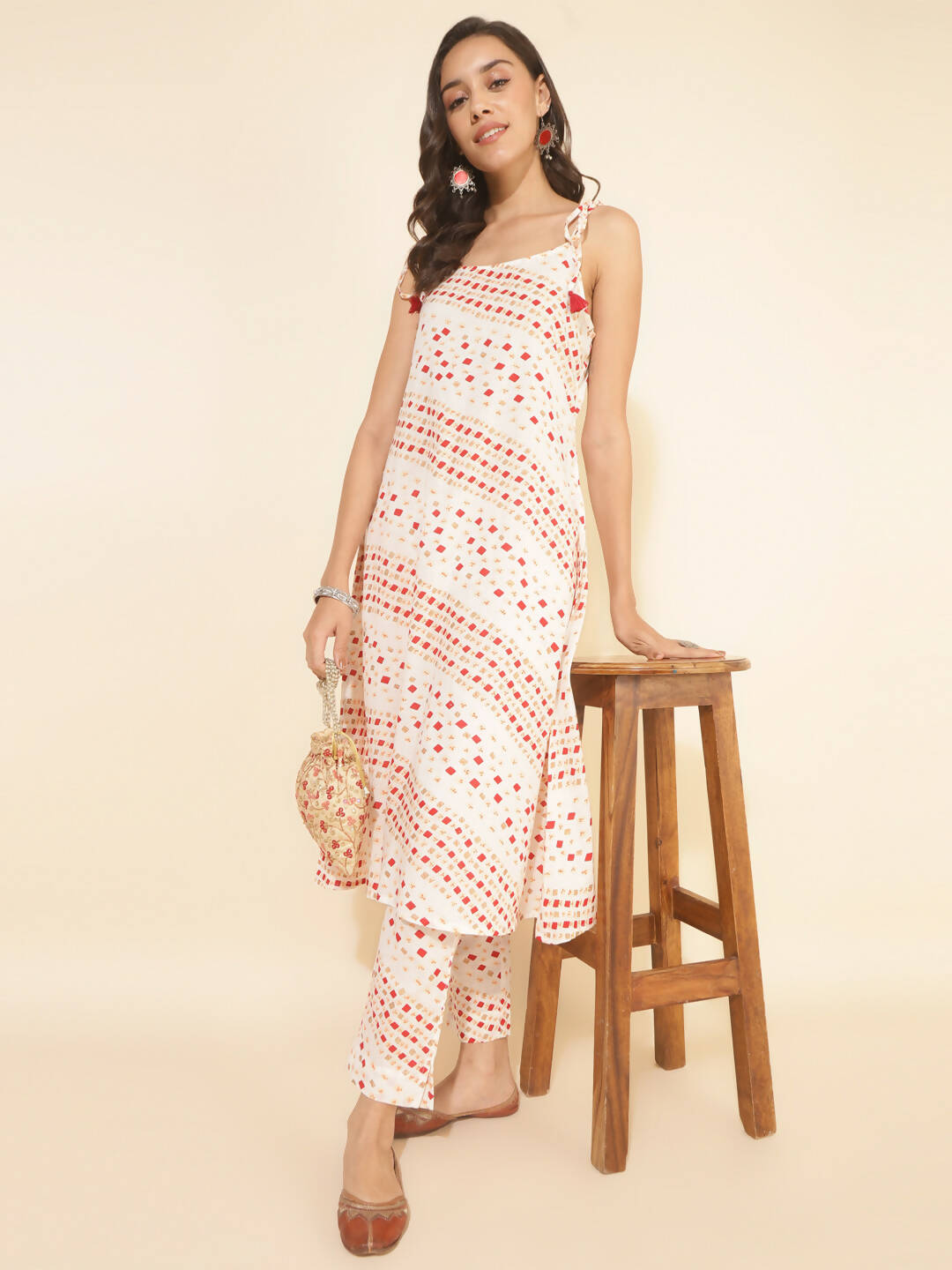 Janasya Women's White Cotton Geometric Printed Casual A-line Co-ords - Swadesiicart