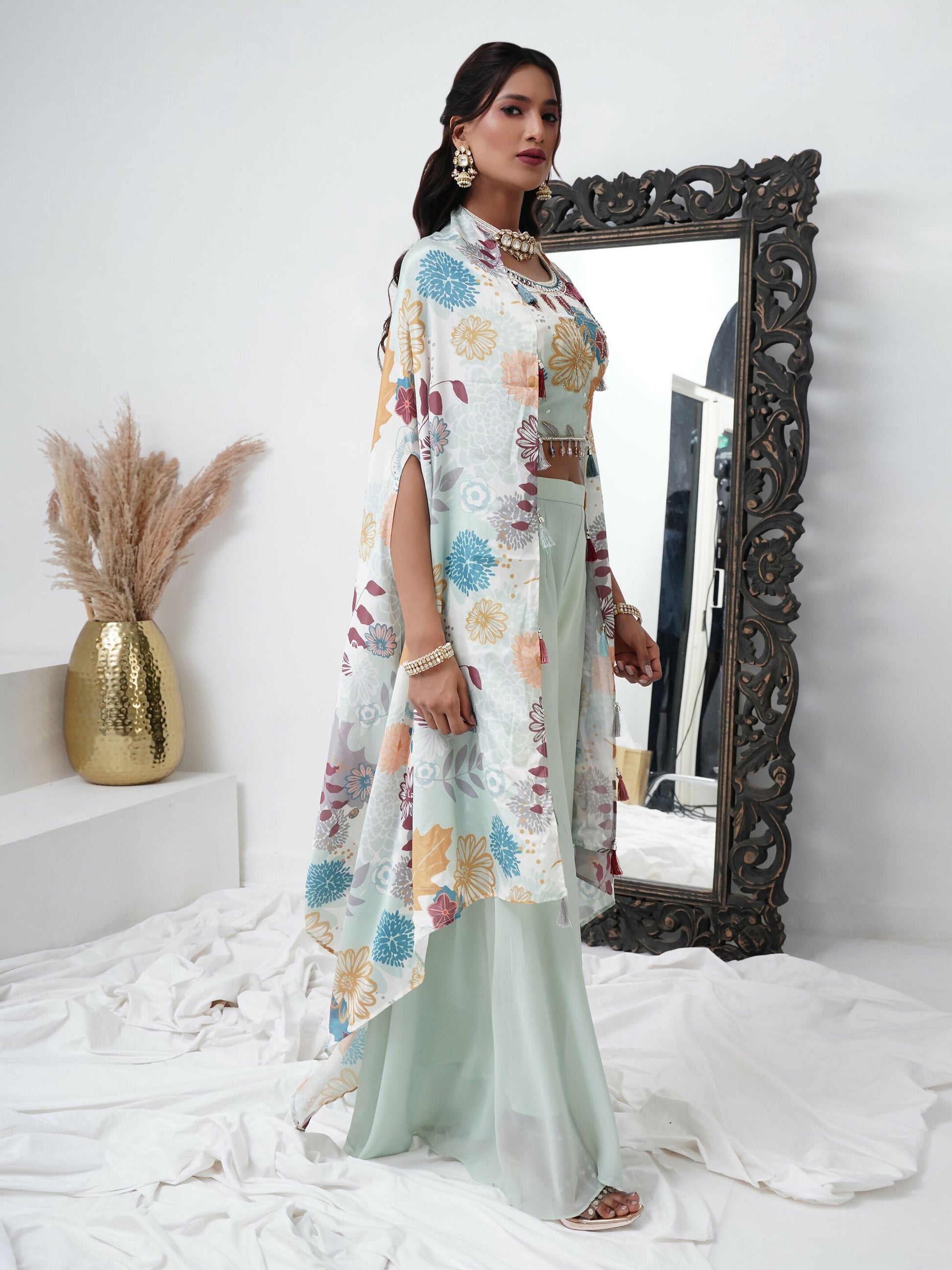 Sea Green Digital Chinon Handwork Top with Palazzo & Shrug - Naomika - Swadesiicart