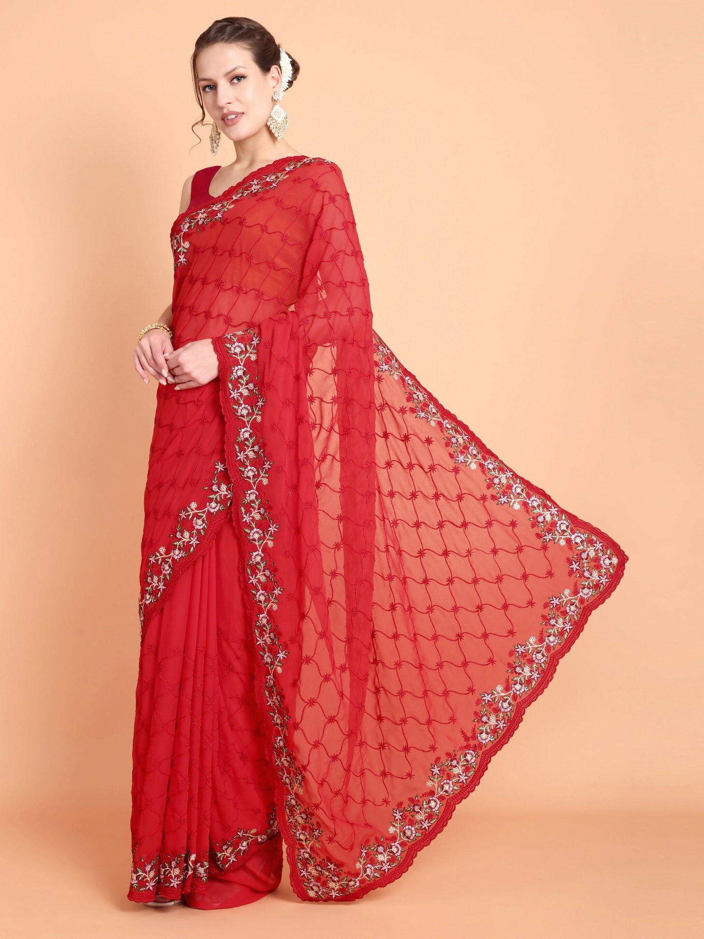 Vamsee Ammelia Red Georgette Saree - Swadesiicart