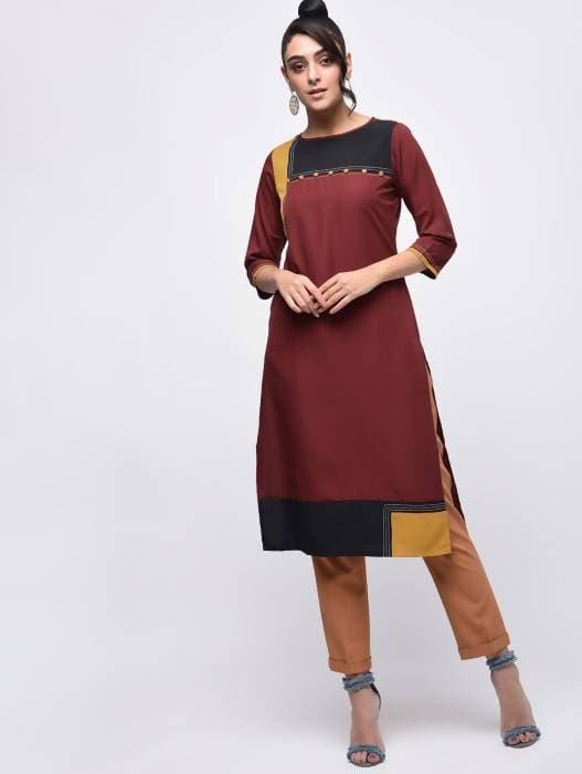 Aniyah Crepe Color Block Straight Brown Kurta (AN-139K) - Swadesiicart