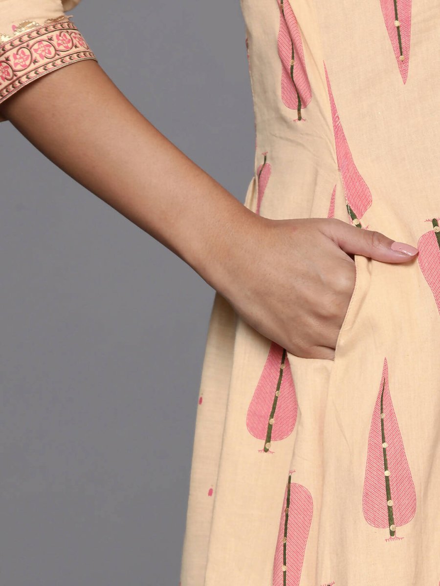 Ahalyaa Women Cream-Coloured & Pink Floral Print Pure Cotton Anarkali Kurta with Palazzos | Swadesiicart
