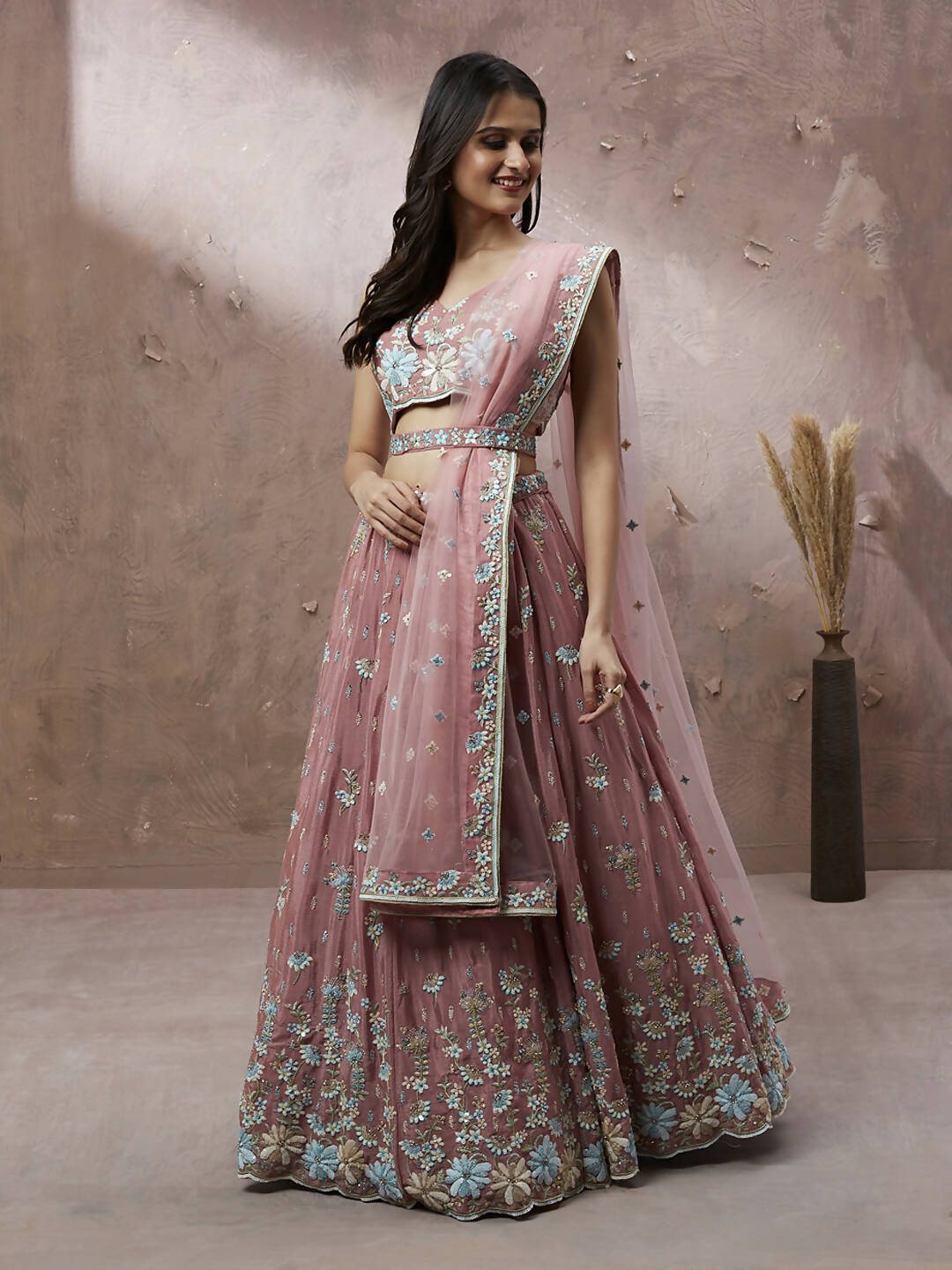 House of Panchhi Coral Pure Georgette Sequins with heavy Zarkan embroidery Lehenga choli & Dupatta | Swadesiicart