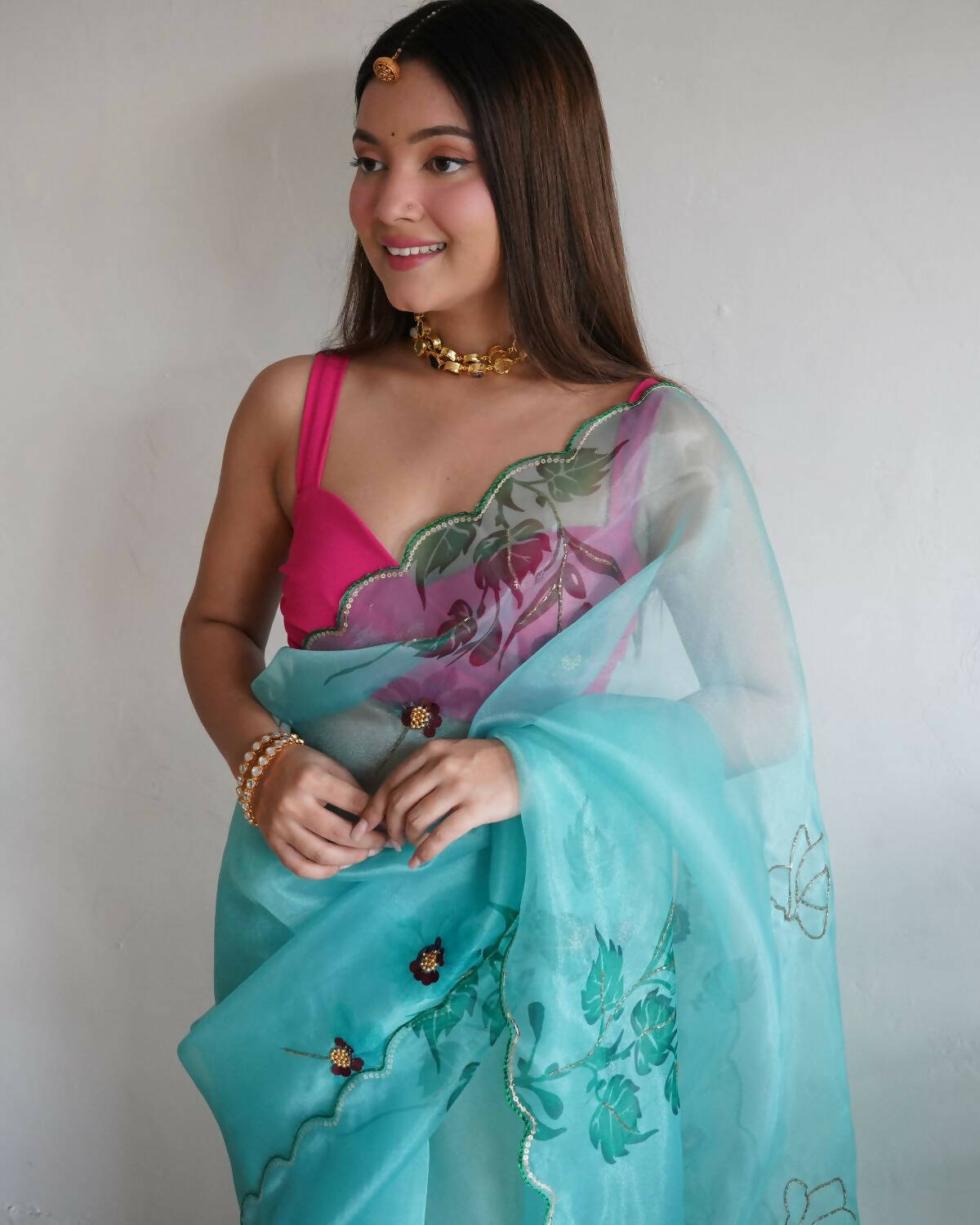 Vamsee Lime Green Organza Saree - Swadesiicart
