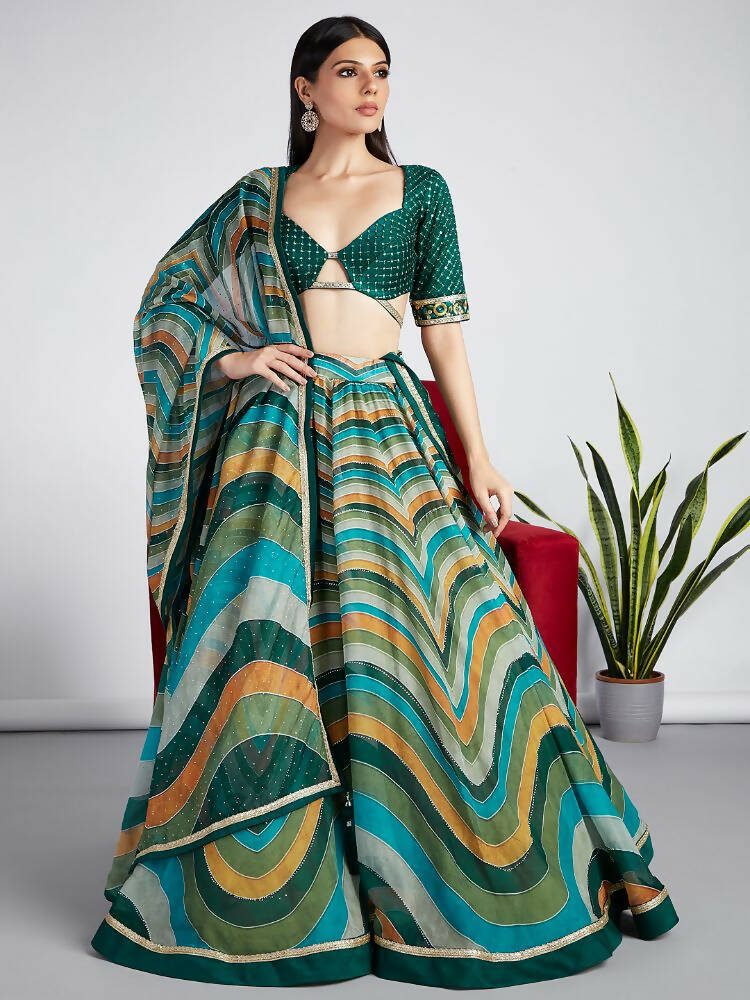 House of Panchhi Green Organza Siroski Stone Work Leheriya Print Lehenga Choli & Dupatta | Swadesiicart