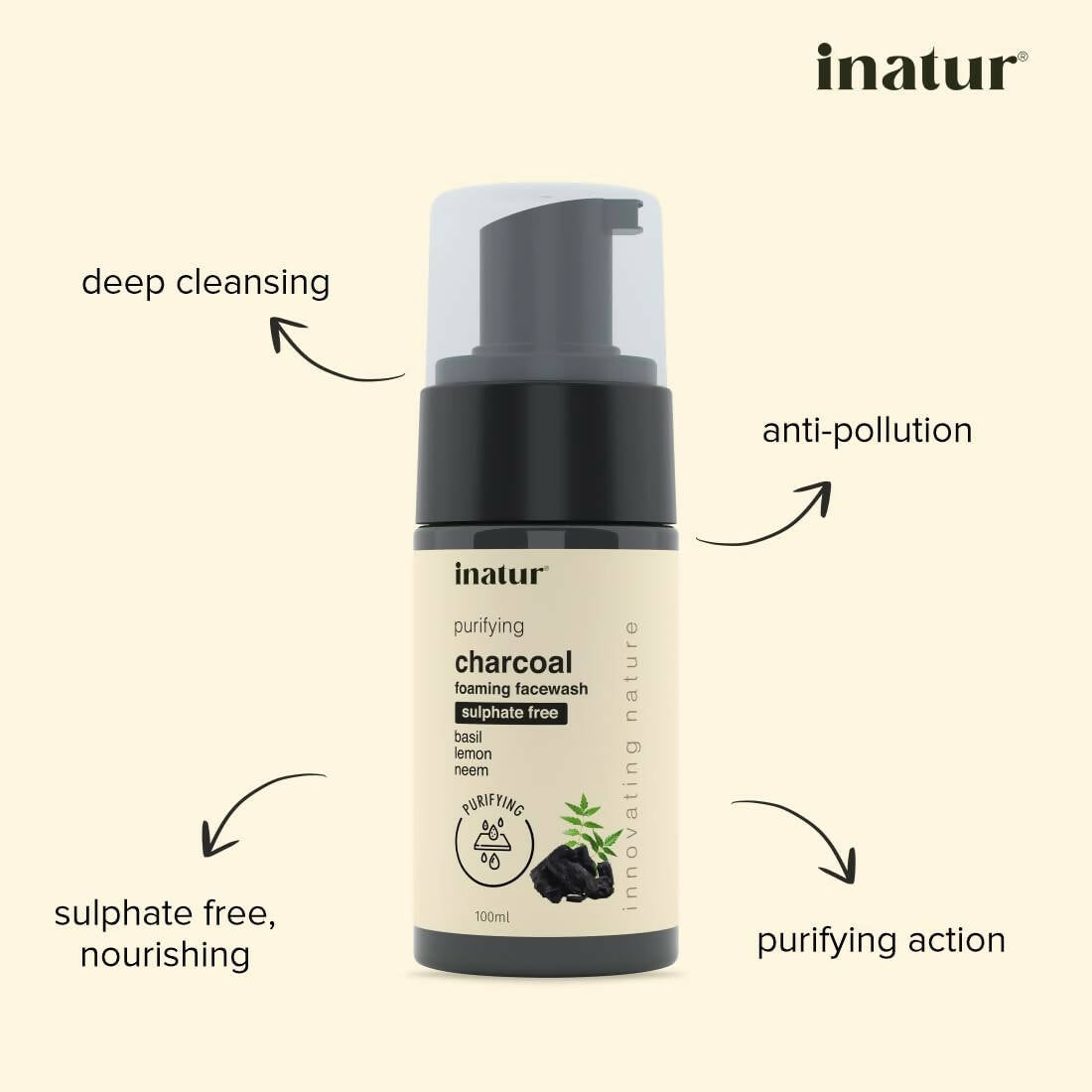 Inatur Charcoal Foaming Face Wash - Swadesiicart