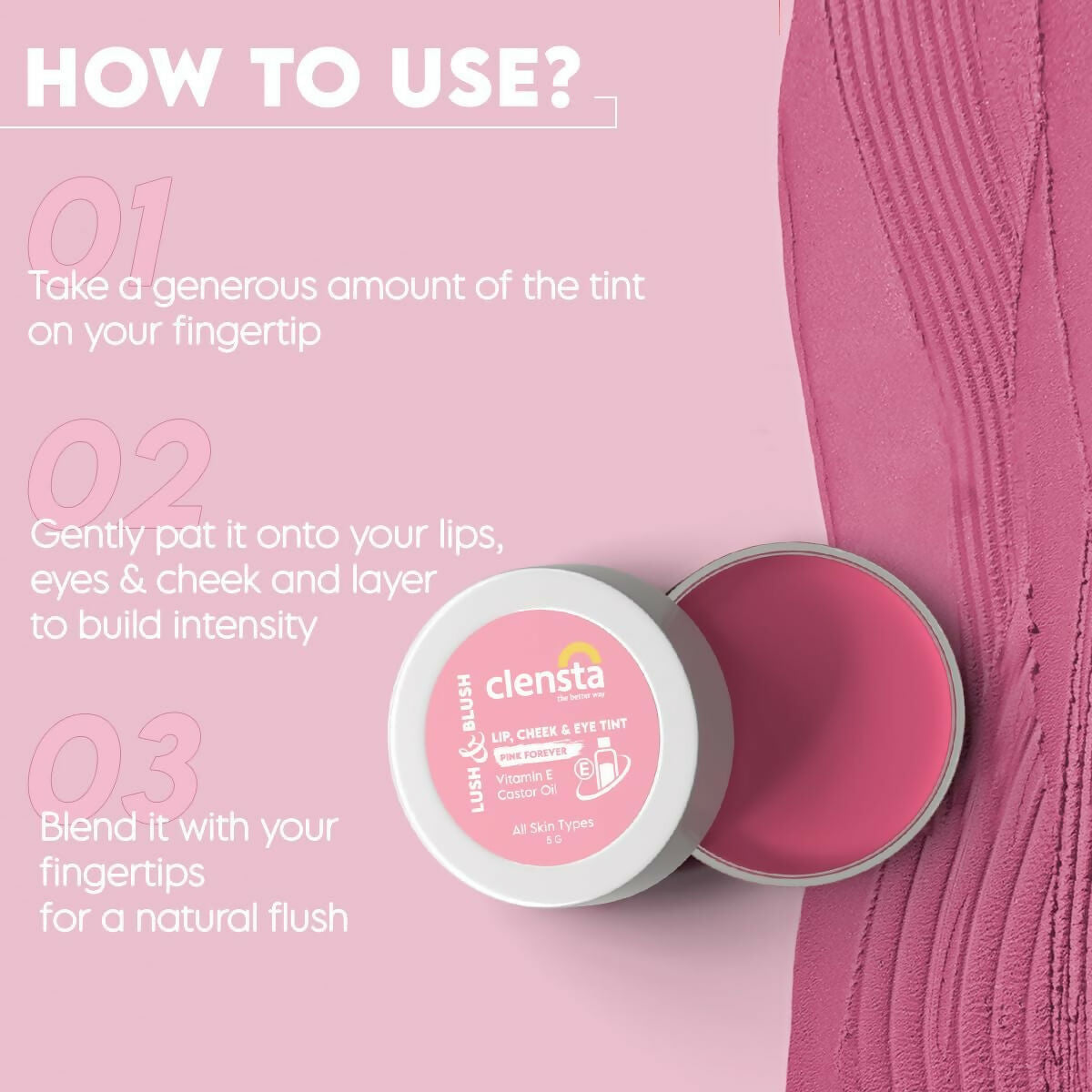 Clensta Lip Cheek Tint - Pink Forever, with Goodness of Vitamin E & Castor Oil - Swadesiicart