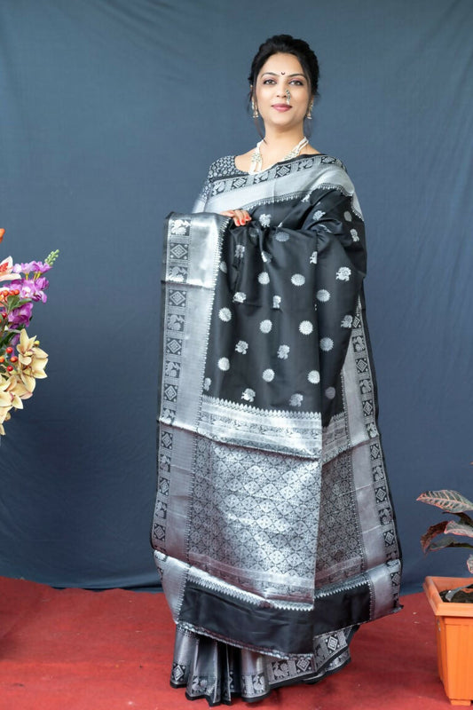 Jyoti Fashion Women's Black Soft Banarasi Silk Zari Woven Saree with Blouse | Swadesiicart