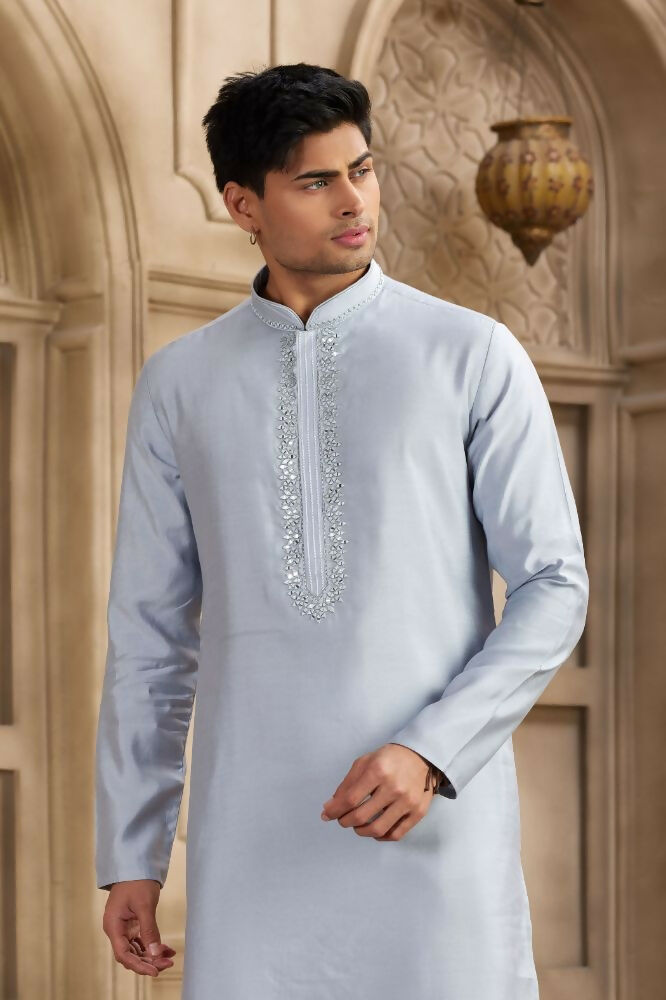 Raivat Ethnic Banarasi Art Silk Mirror Work Kurta Pajama In Sky Blue Colour | Swadesiicart
