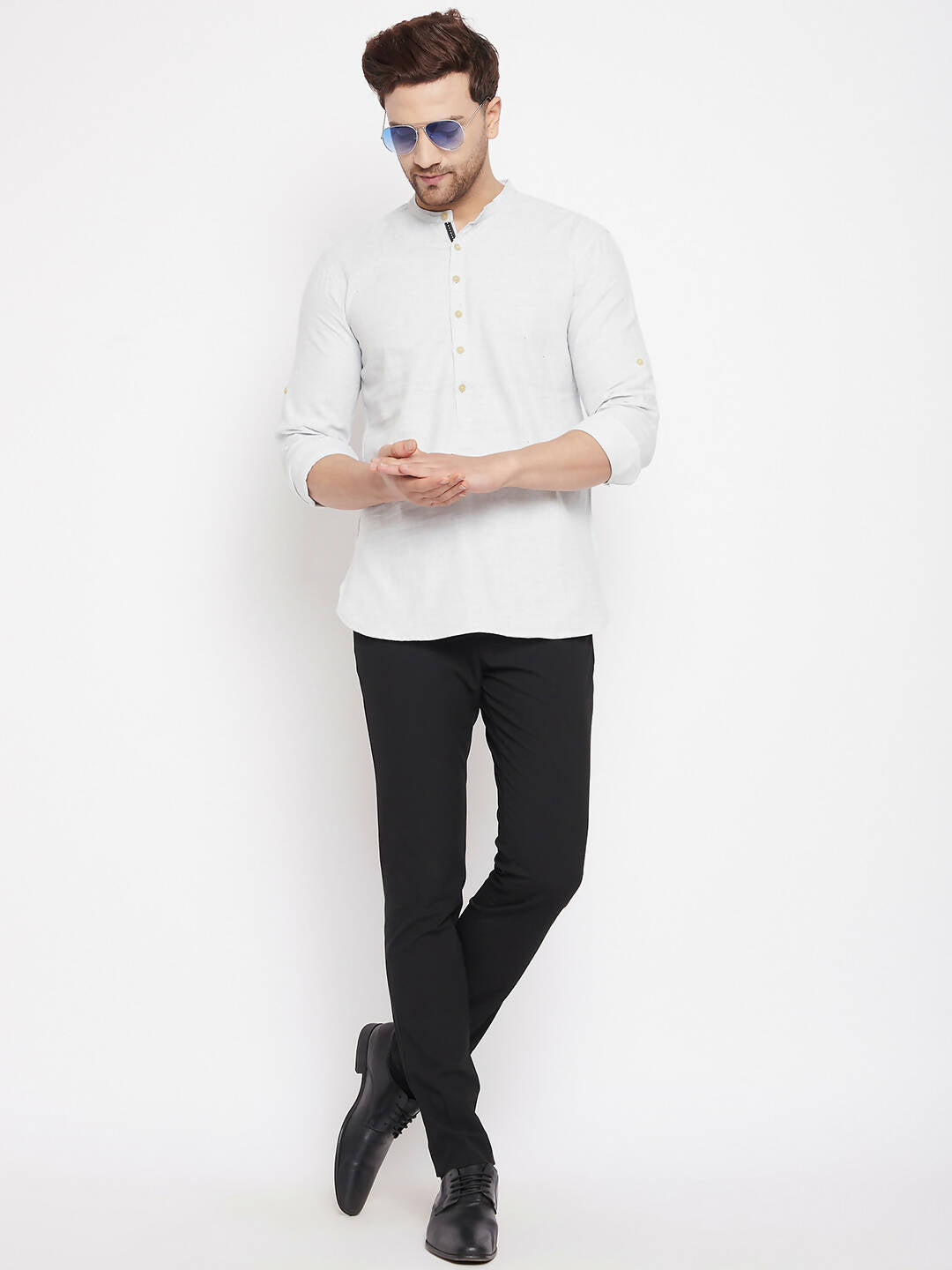 Even Apparels Cream Acrylic Short Men's Kurta With Band Collar | Swadesiicart