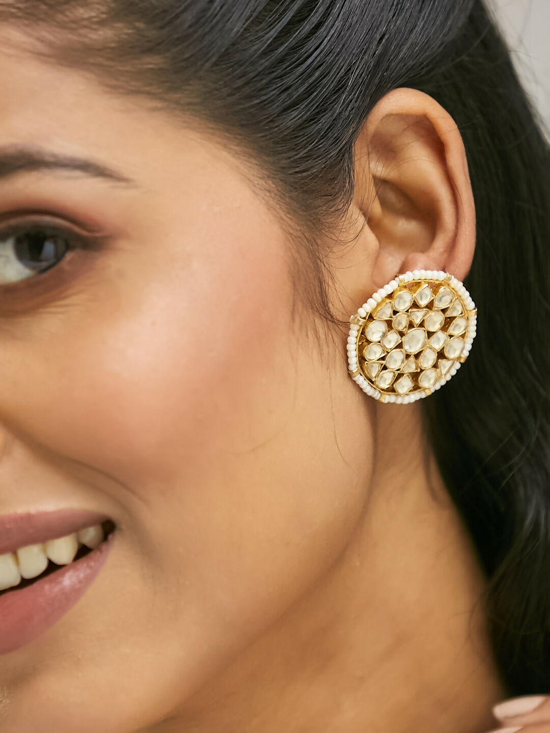 Nuyug 22K Gold-Plated Elegant Kundan Stone Studded & Pearl Beaded Disc Studs | Swadesiicart