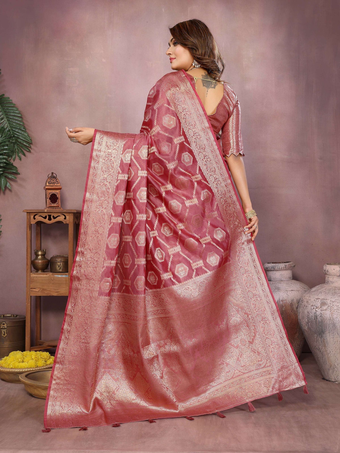 Aastha Fashion Dark Pink Soft Organza Silk Weaving Saree