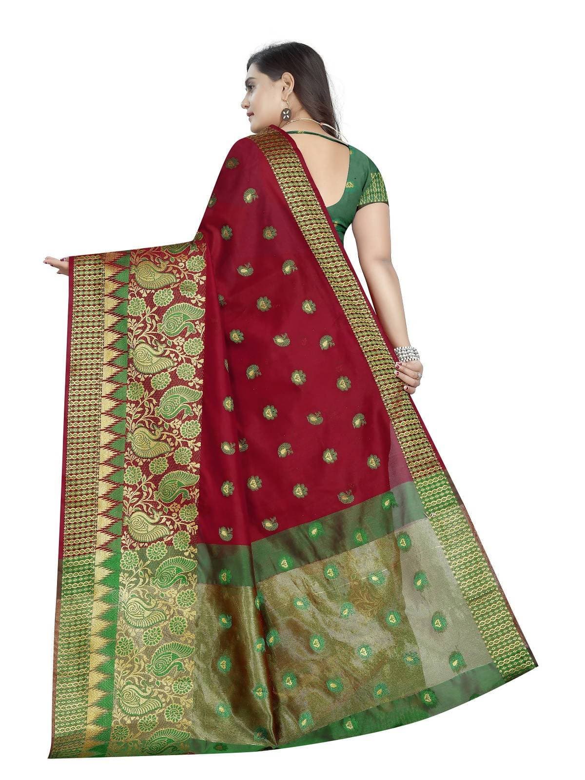 Vamika Banarasi Jaquard Red Weaving Saree With Green Blouse | Swadesiicart
