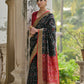 Vishnu Weaves Women's Black Raw Silk Thread Ikkat Woven Saree with Blouse - Swadesiicart