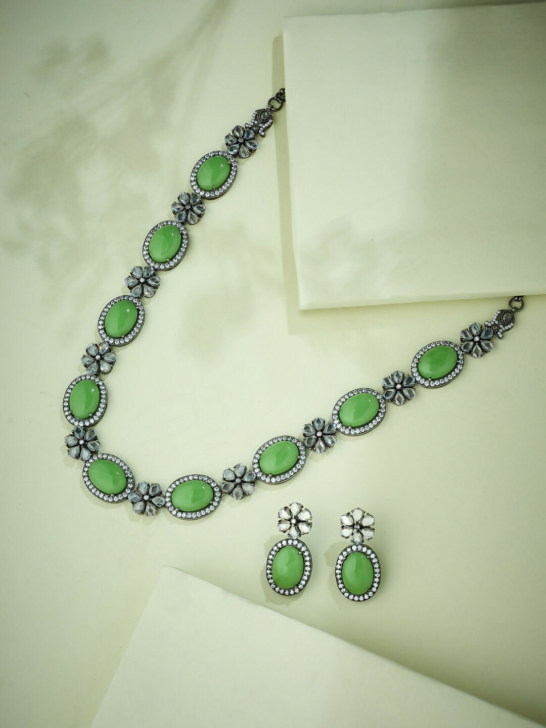 Nuyug Antique Silver Plated Crystal Studded Faux Jade Stones Embellished Necklace Set | Swadesiicart