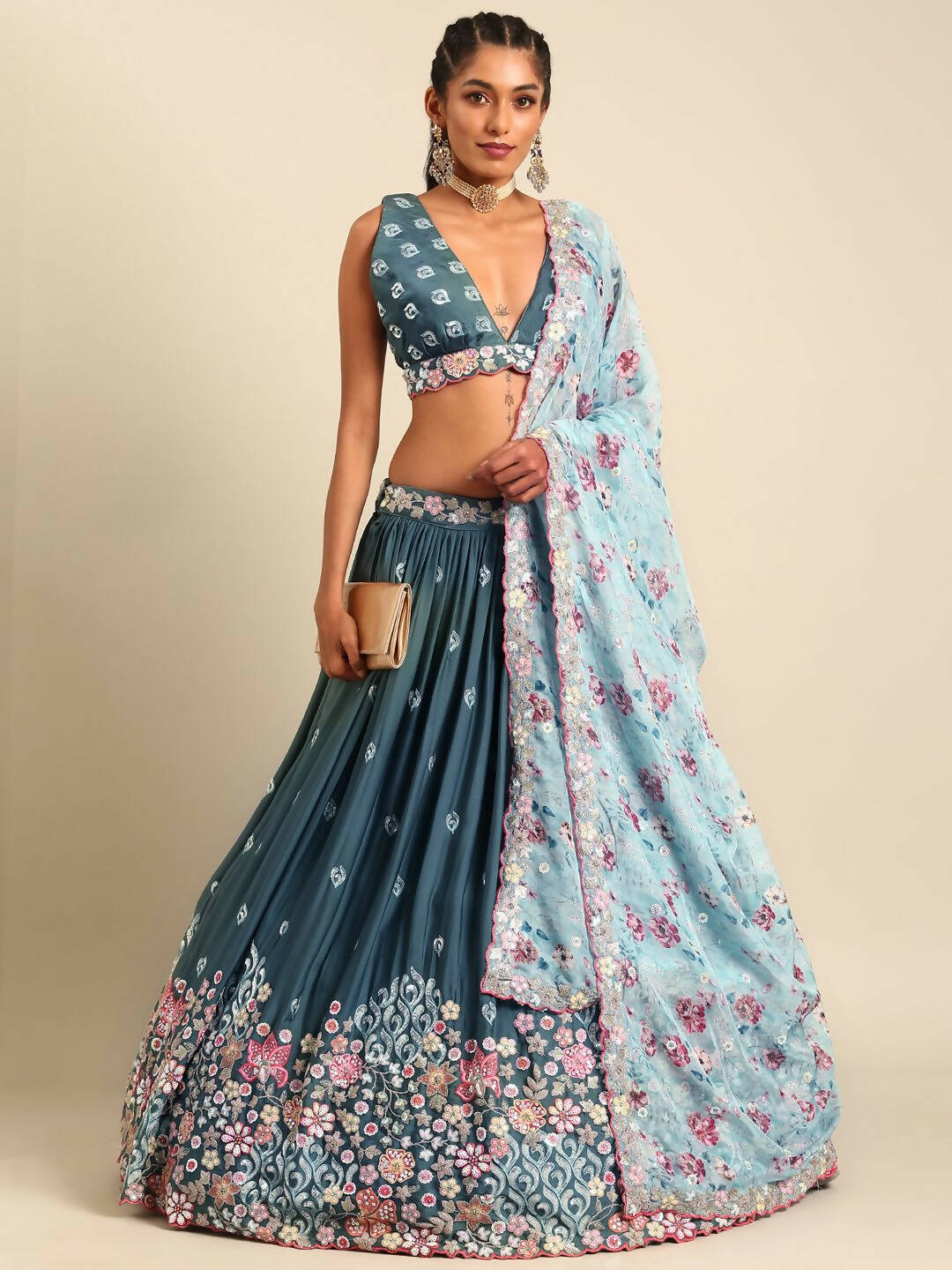 House of Panchhi Teal Blue Chinon Sequins embroidery Lehenga choli & Dupatta | Swadesiicart