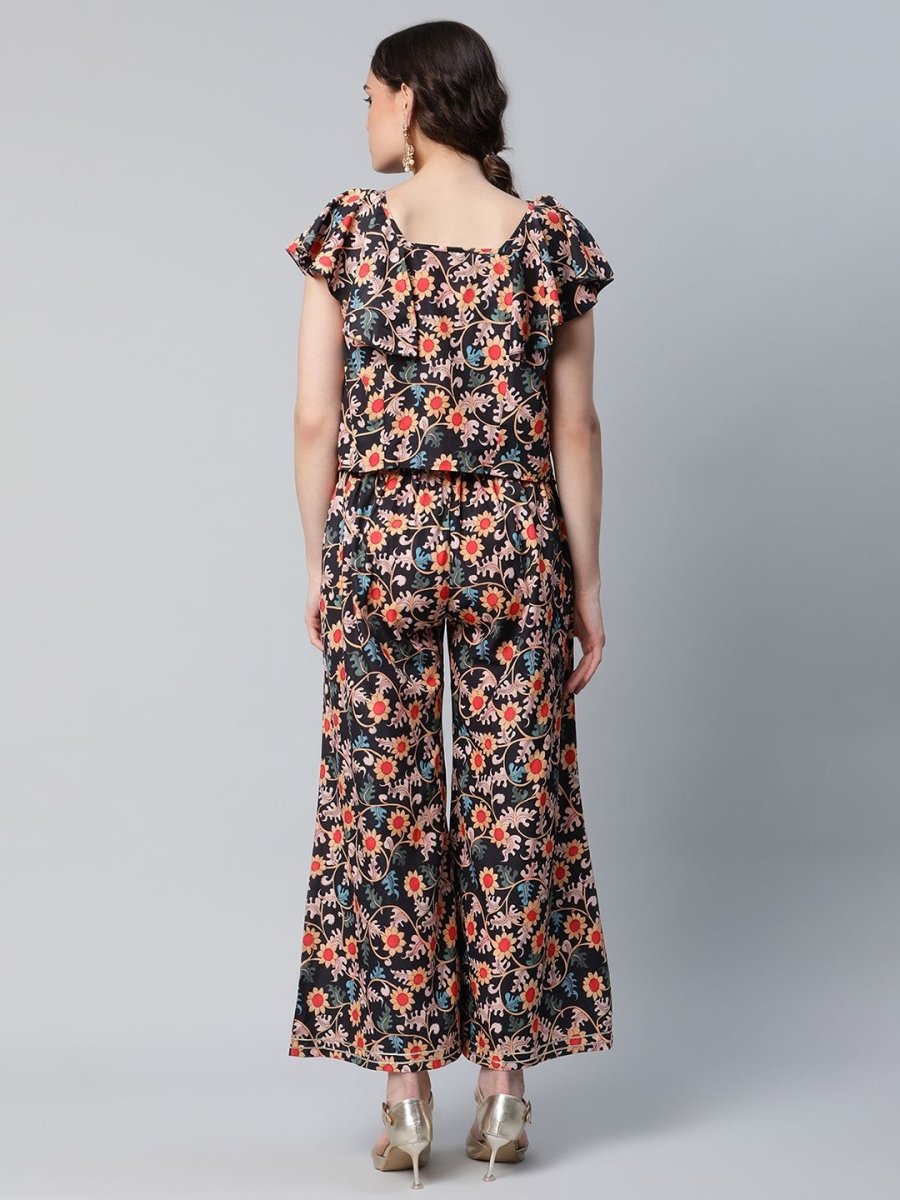 Ahalyaa Women Black Crepe Digital Print Top with Palazzo Set | Swadesiicart