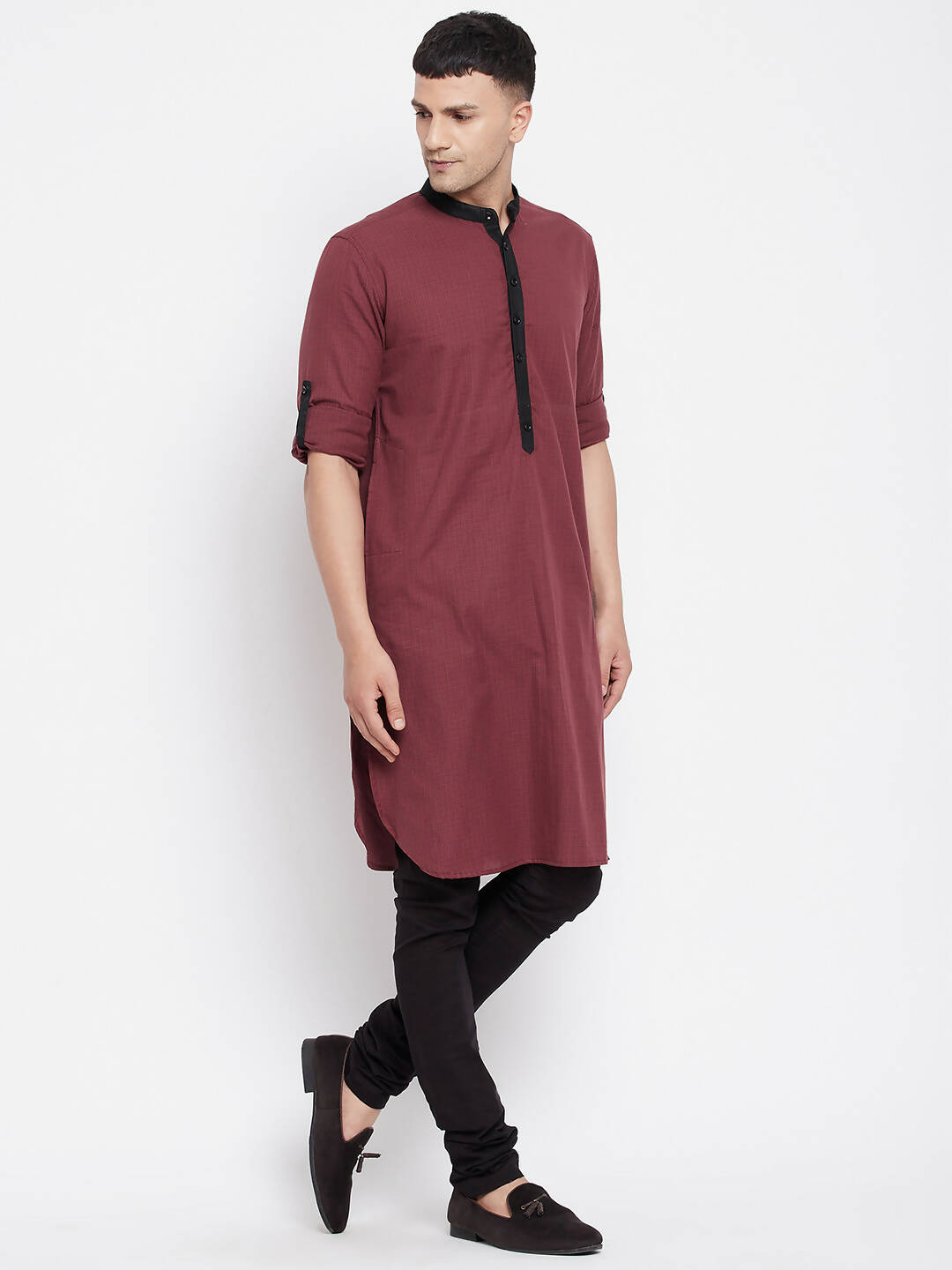 Even Apparels Maroon Pure Cotton Men's Kurta With Contrast Collar And Placket | Swadesiicart