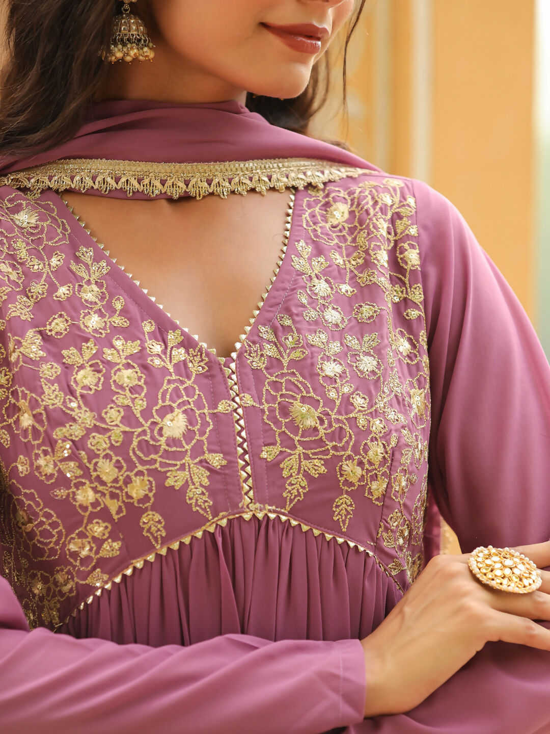 Janasya Lavender Georgette Yoke Embroidery Kurta,Bottom & Dupatta | Swadesiicart