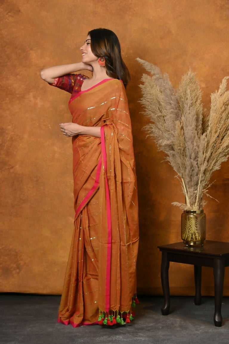 Very Much Indian Designer Mul Cotton Handloom Saree with Sequins - Orange | Swadesiicart