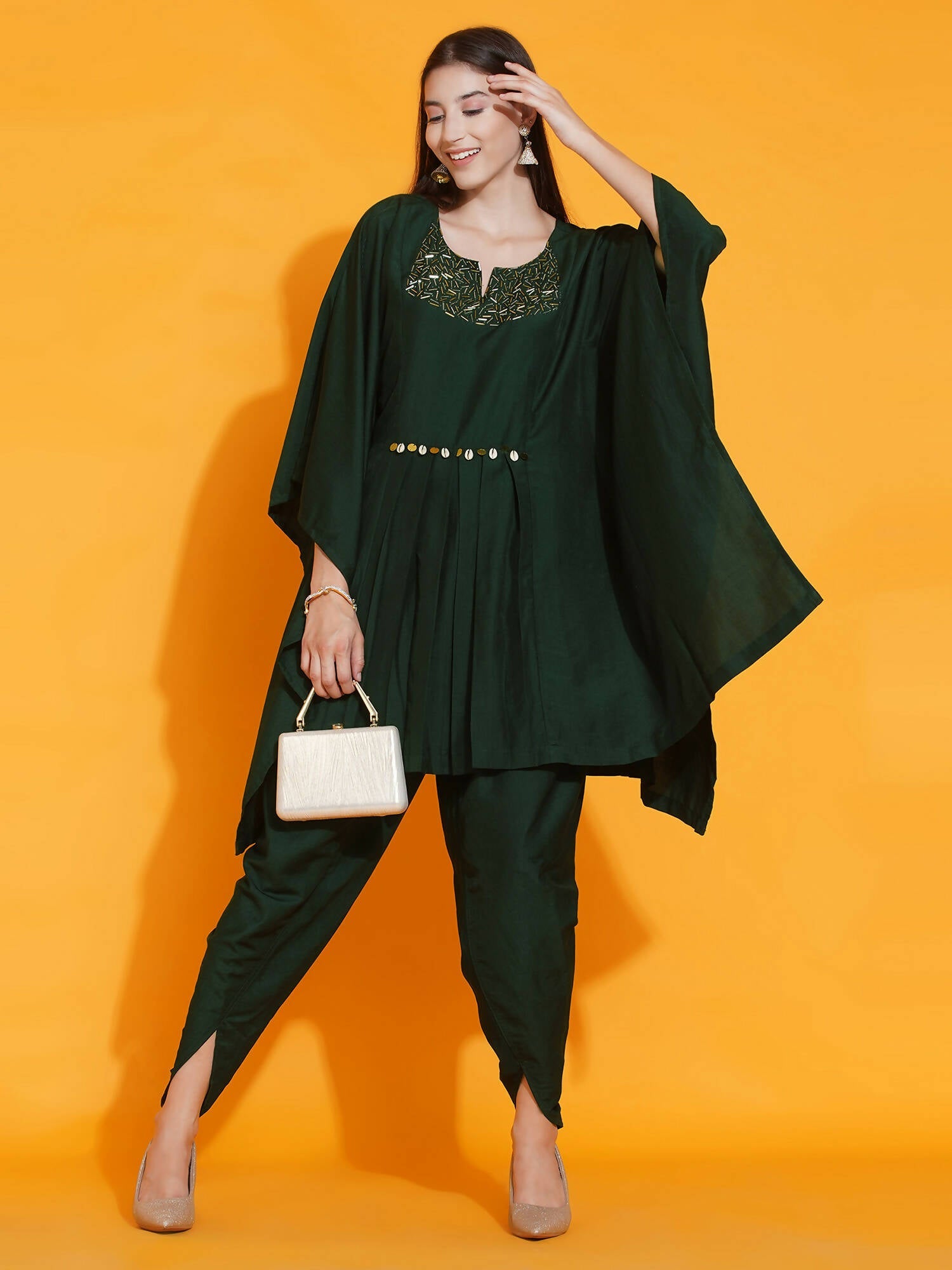 Women Republic Green Kaftan With Hand Embellishment And Dhoti Salwaar | Swadesiicart