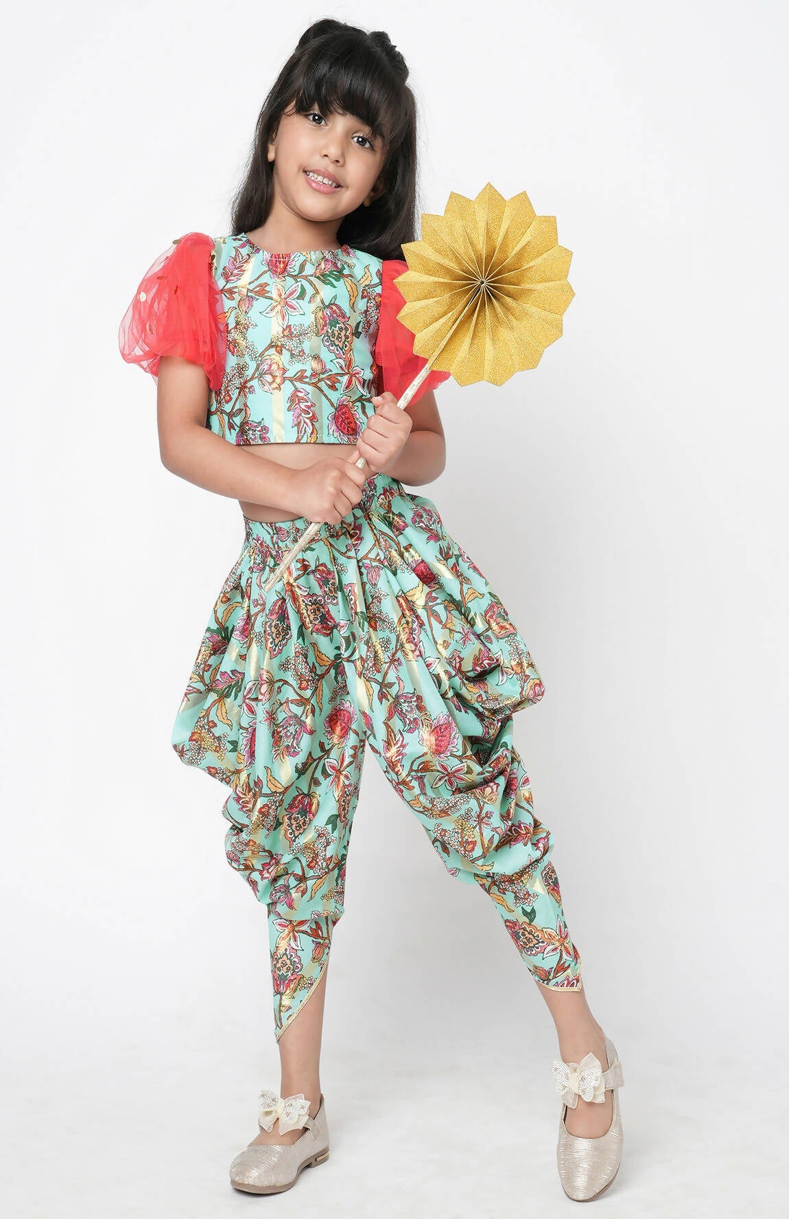 Lil Drama Golden Weaves Blue Crop Top With Dhoti Co-Ordinate Set - Swadesiicart