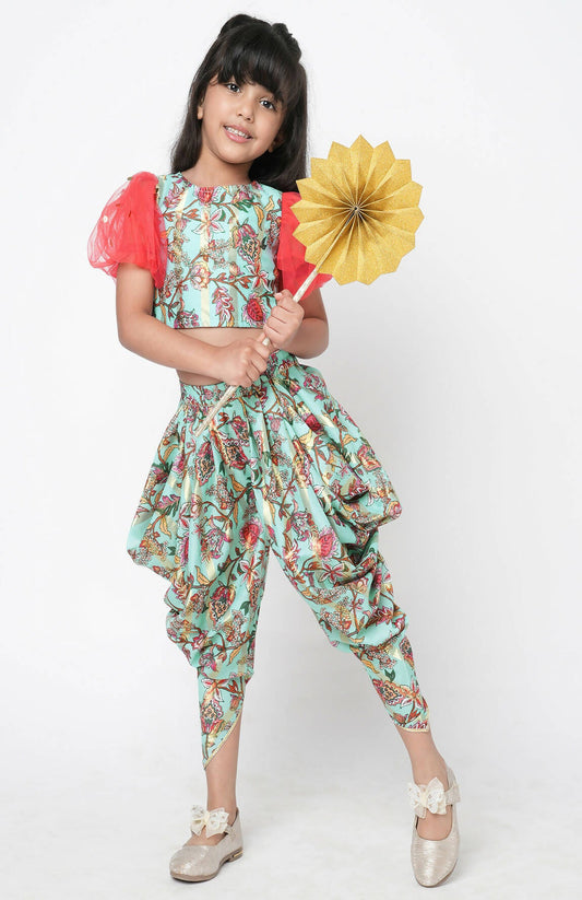 Lil Drama Golden Weaves Blue Crop Top With Dhoti Co-Ordinate Set - Swadesiicart