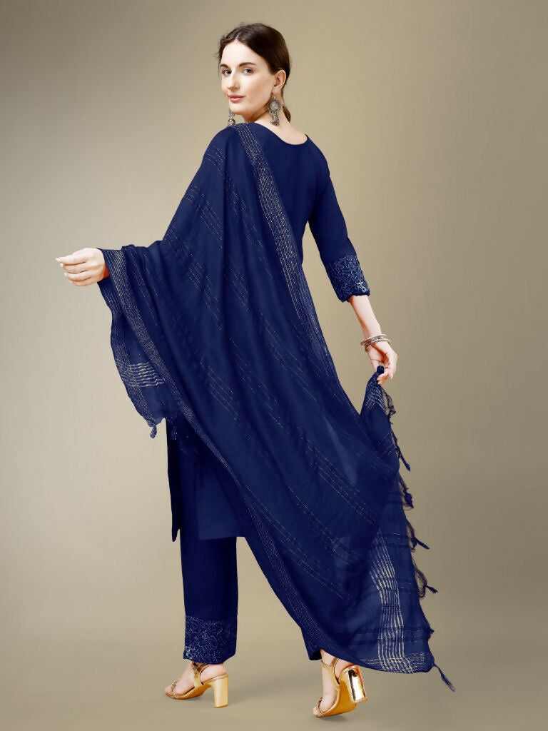 Jyoti Fashion Women's Navy Blue Cotton Blend Embroidery & Fancy Lace work Kurta with Trouser & Dupatta | Swadesiicart
