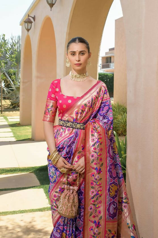 Vishnu Weaves Women's Purple Paithani Silk Zari Woven Saree with Unstitched Blouse - Swadesiicart
