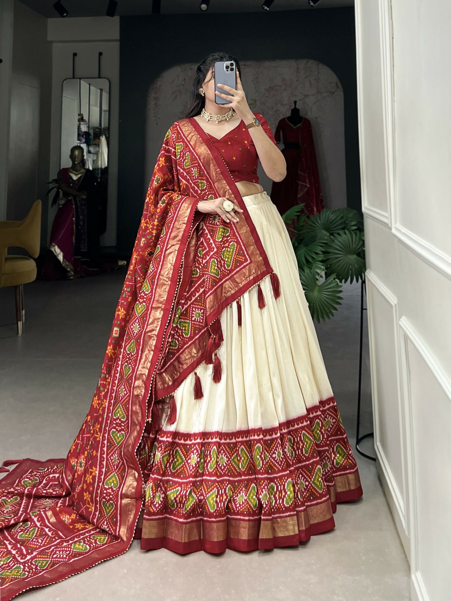 Lorenvalley Offwhite and Red Tussar Silk Patola Print Lehenga Choli | Swadesiicart