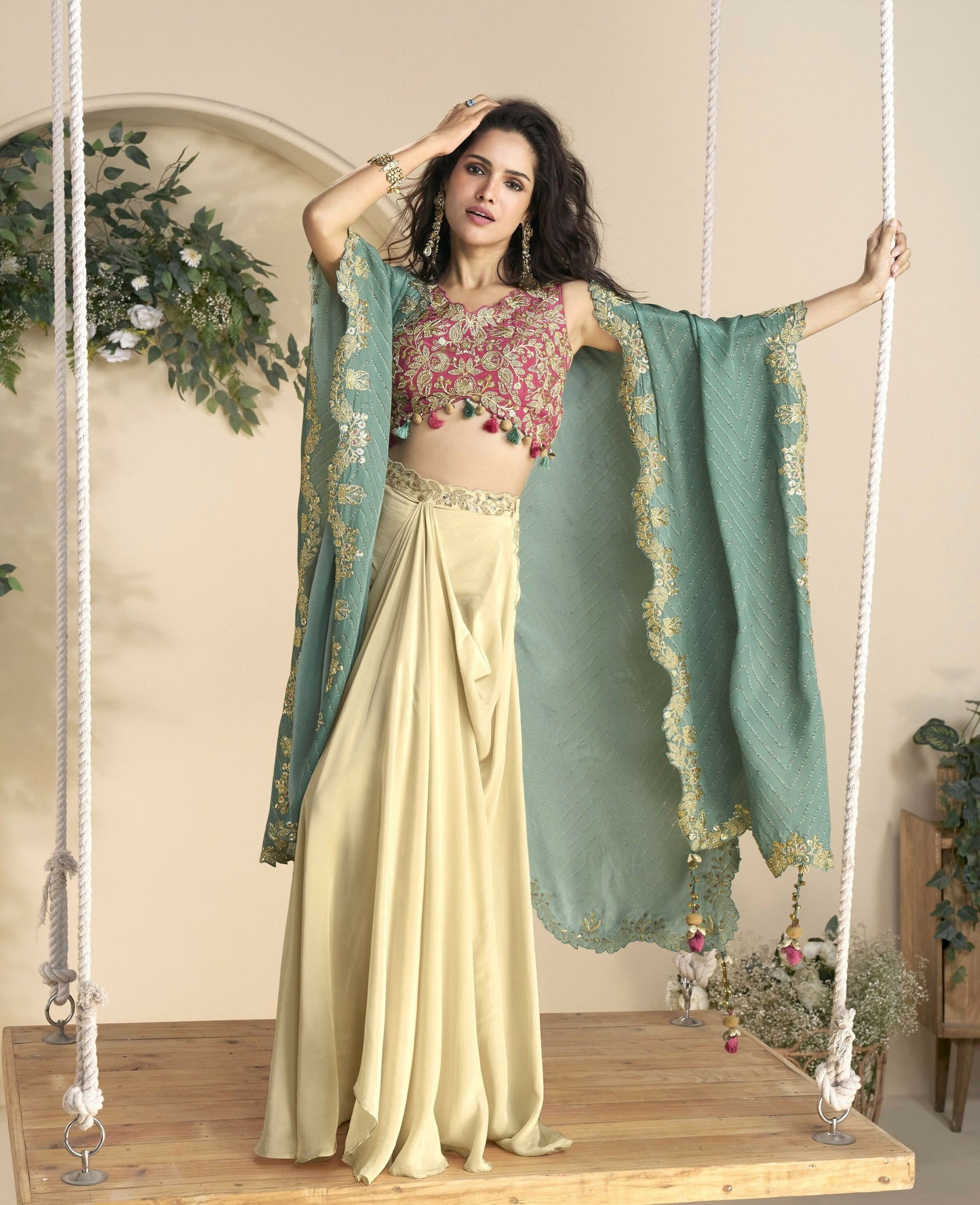 Anaita Maroon Chinon Readymade Shrug Suit with Embroidery Sequence Work