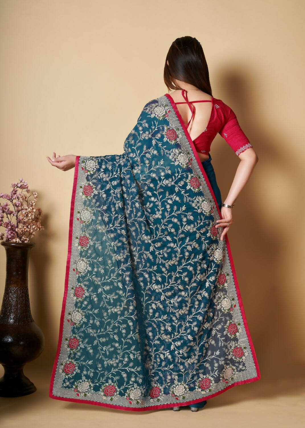 Vamsee Teal Organza Saree - Swadesiicart