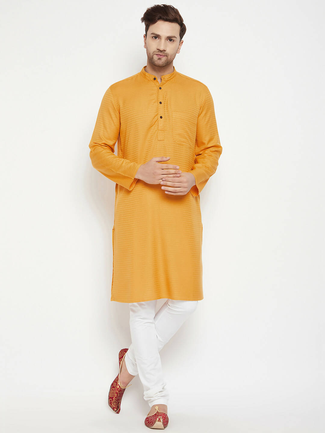 Even Apparels Yellow Viscose Men's Long Kurta With Band Collar | Swadesiicart