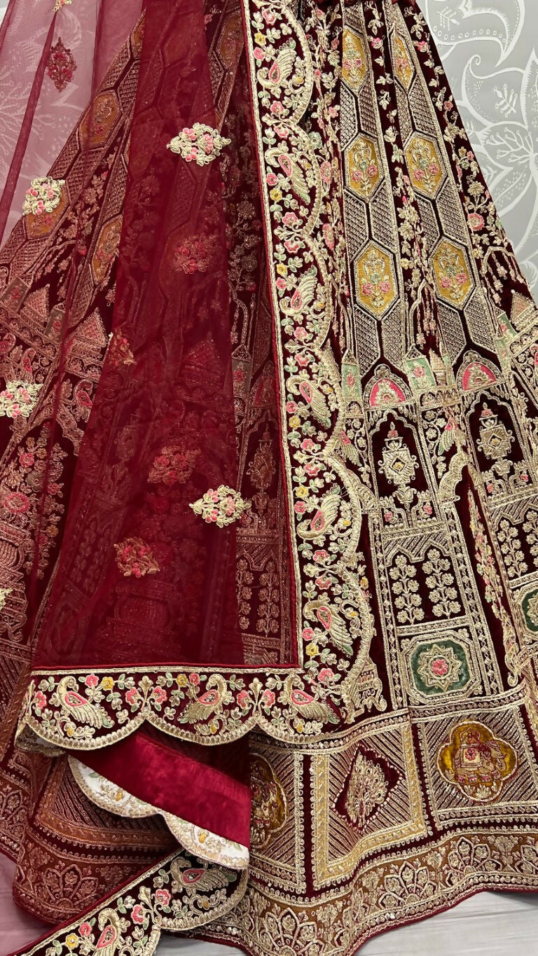 Jyoti Fashion Women's Maroon Velvet Dori, Multi Thread Embroidered with Diamond Work Wedding Lehenga Choli | Swadesiicart